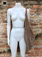 Slouch leather bag in Light brown suede . Large shoulder bag in genuine leather. Taupe origami bag with brown leather accent. Large shopper