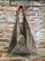 Slouch leather bag in Light brown suede . Large shoulder bag in genuine leather. Taupe origami bag with brown leather accent. Large shopper