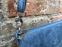 Suede leather bag in blue -gray. Cross body bag, shoulder bag in GENUINE leather. Denim blue smalll leather bag. Adjustable strap. + zipper