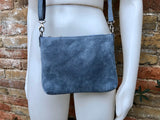 Suede leather bag in blue -gray. Cross body bag, shoulder bag in GENUINE leather. Denim blue smalll leather bag. Adjustable strap. + zipper