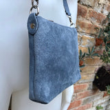 Suede leather bag in blue -gray. Cross body bag, shoulder bag in GENUINE leather. Denim blue smalll leather bag. Adjustable strap. + zipper