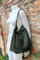 Slouch leather bag in dark GREEN. Soft hobo shoulder bagn with ZIPPER. Book or tablet bags in suede. Dark GREEN suede bag. Dark green purse