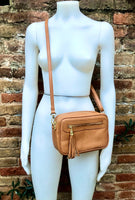 Small leather bag in Camel brown. Cross body bag, shoulder bag in GENUINE leather. Saddle brown leather bag with adjustable strap and zipper