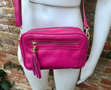 Small leather bag in fuchsia. Magenta cross body bag, shoulder bag in GENUINE leather. Hot pink leather bag with adjustable strap and zipper