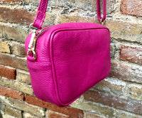 Small leather bag in fuchsia. Magenta cross body bag, shoulder bag in GENUINE leather. Hot pink leather bag with adjustable strap and zipper