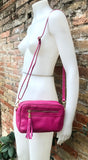 Small leather bag in fuchsia. Magenta cross body bag, shoulder bag in GENUINE leather. Hot pink leather bag with adjustable strap and zipper