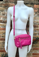 Small leather bag in fuchsia. Magenta cross body bag, shoulder bag in GENUINE leather. Hot pink leather bag with adjustable strap and zipper