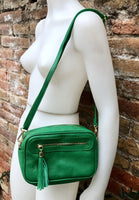 Small leather bag in bright green. Cross body bag, shoulder bag in GENUINE leather. Green leather bag with adjustable strap,zipper + tassel