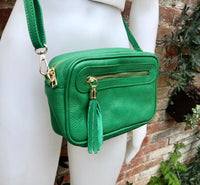 Small leather bag in bright green. Cross body bag, shoulder bag in GENUINE leather. Green leather bag with adjustable strap,zipper + tassel