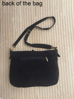 Cross body suede bag in BLACK. Genuine leather. Soft natural suede. Boho bag in BLACK. Messenger bag, fits most tablets.