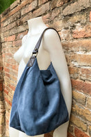 Slouch leather bag in DENIM blue. Hobo shoulder bag. Boho bag. Book or tablet bags in suede.Blue suede bag.