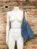 Slouch leather bag in DENIM blue. Hobo shoulder bag. Boho bag. Book or tablet bags in suede.Blue suede bag.