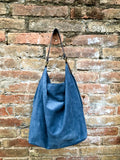 Slouch leather bag in DENIM blue. Hobo shoulder bag. Boho bag. Book or tablet bags in suede.Blue suede bag.