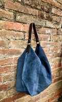 Slouch leather bag in DENIM blue. Hobo shoulder bag. Boho bag. Book or tablet bags in suede.Blue suede bag.