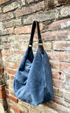 Slouch leather bag in DENIM blue. Hobo shoulder bag. Boho bag. Book or tablet bags in suede.Blue suede bag.