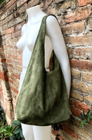 RESERVED . Special listing for MERLE. Large tote leather bag in moss green. Slouch leather bag. Boho bag. Laptop bags in suede. GREEN suede