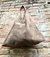 Slouch leather bag in Light brown suede . Large shoulder bag in genuine leather. Taupe origami bag with brown leather accent. Large shopper