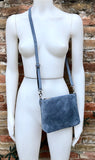 Suede leather bag in blue -gray. Cross body bag, shoulder bag in GENUINE leather. Denim blue smalll leather bag. Adjustable strap. + zipper