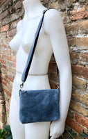 Suede leather bag in blue -gray. Cross body bag, shoulder bag in GENUINE leather. Denim blue smalll leather bag. Adjustable strap. + zipper