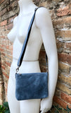 Suede leather bag in blue -gray. Cross body bag, shoulder bag in GENUINE leather. Denim blue smalll leather bag. Adjustable strap. + zipper