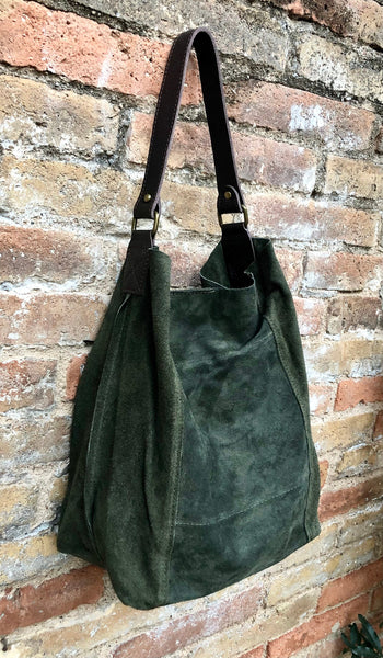 Slouch leather bag in dark GREEN. Soft hobo shoulder bagn with ZIPPER. Book or tablet bags in suede. Dark GREEN suede bag. Dark green purse