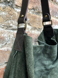 Slouch leather bag in dark GREEN. Soft hobo shoulder bagn with ZIPPER. Book or tablet bags in suede. Dark GREEN suede bag. Dark green purse