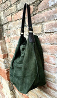 Slouch leather bag in dark GREEN. Soft hobo shoulder bagn with ZIPPER. Book or tablet bags in suede. Dark GREEN suede bag. Dark green purse