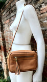 Small leather bag in Camel brown. Cross body bag, shoulder bag in GENUINE leather. Saddle brown leather bag with adjustable strap and zipper