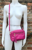 Small leather bag in fuchsia. Magenta cross body bag, shoulder bag in GENUINE leather. Hot pink leather bag with adjustable strap and zipper