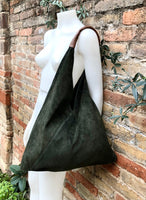 Slouch leather bag in DARK GREEN . Large shoulder leather bag. Boho bag. Laptop bags in suede. Large suede leather bag. GREEN suede bag.