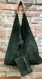 Slouch leather bag in DARK GREEN . Large shoulder leather bag. Boho bag. Laptop bags in suede. Large suede leather bag. GREEN suede bag.