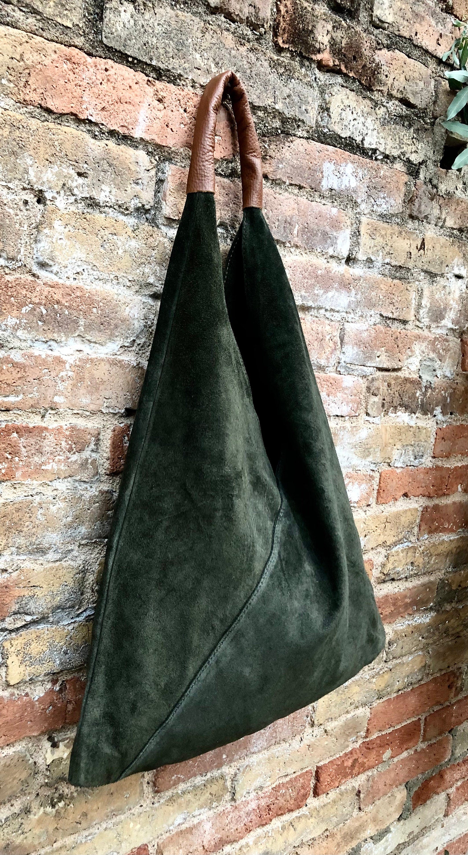 Slouch leather bag in DARK GREEN . Large shoulder leather bag. Boho bag. Laptop bags in suede. Large suede leather bag. GREEN suede bag.