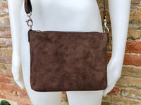 Suede leather bag in dark brown. Cross body or shoulder bag in GENUINE leather. Small leather bag in chocolate brown. Adjustable strap