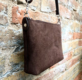 Suede leather bag in dark brown. Cross body or shoulder bag in GENUINE leather. Small leather bag in chocolate brown. Adjustable strap