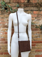 Suede leather bag in dark brown. Cross body or shoulder bag in GENUINE leather. Small leather bag in chocolate brown. Adjustable strap