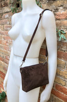 Suede leather bag in dark brown. Cross body or shoulder bag in GENUINE leather. Small leather bag in chocolate brown. Adjustable strap