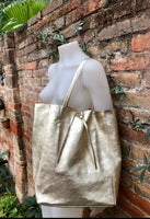 Leather tote bag in GOLD with wrap belt. Soft natural GENUINE leather bag + belt set. Leather shopper bag. Computer, tablet or Laptop bag.