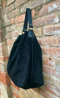 BLACK slouch leather shoulder bag.Genuine leather hobo bag.Boho bag for books or tablets. Soft leather shopper with brown leather wide strap