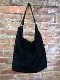 BLACK slouch leather shoulder bag.Genuine leather hobo bag.Boho bag for books or tablets. Soft leather shopper with brown leather wide strap