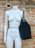 BLACK slouch leather shoulder bag.Genuine leather hobo bag.Boho bag for books or tablets. Soft leather shopper with brown leather wide strap