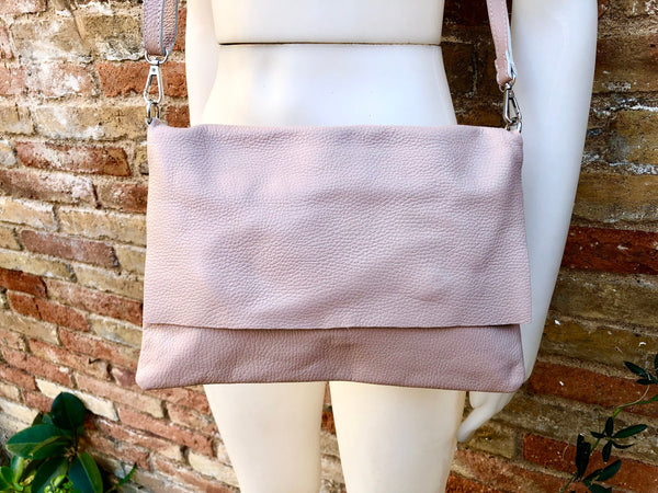 Cross body bag. BOHO soft leather bag in light PINK. Genuine leather. Pale dusty pink crossover, messenger bag. Zipper and adjustable strap