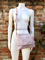 Cross body bag. BOHO soft leather bag in light PINK. Genuine leather. Pale dusty pink crossover, messenger bag. Zipper and adjustable strap