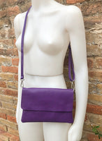 Small leather bag in purple. Crossbody or shoulder bag in GENUINE leather. Purple purse with adjustable strap and zipper underneath the flap