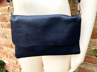 Small leather bag in NAVY BLUE. Crossbody or shoulder bag in GENUINE leather. Dark blue purse with adjustable strap. flap and zipper.