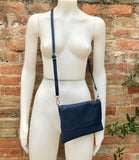 Small leather bag in NAVY BLUE. Crossbody or shoulder bag in GENUINE leather. Dark blue purse with adjustable strap. flap and zipper.