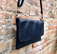 Small leather bag in NAVY BLUE. Crossbody or shoulder bag in GENUINE leather. Dark blue purse with adjustable strap. flap and zipper.