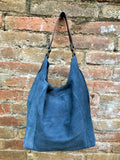 Slouch leather bag in DENIM blue. Hobo shoulder bag. Boho bag. Book or tablet bags in suede.Blue suede bag.