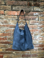 Slouch leather bag in DENIM blue. Hobo shoulder bag. Boho bag. Book or tablet bags in suede.Blue suede bag.