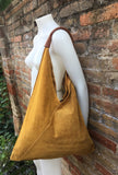 Slouch leather bag in MUSTARD yellow. Large shoulder leather bag. Boho bag. Laptop bags in suede. Large origami bag. Yellow leather shopper