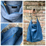 Slouch leather bag in DENIM blue. Hobo shoulder bag. Boho bag. Book or tablet bags in suede.Blue suede bag.